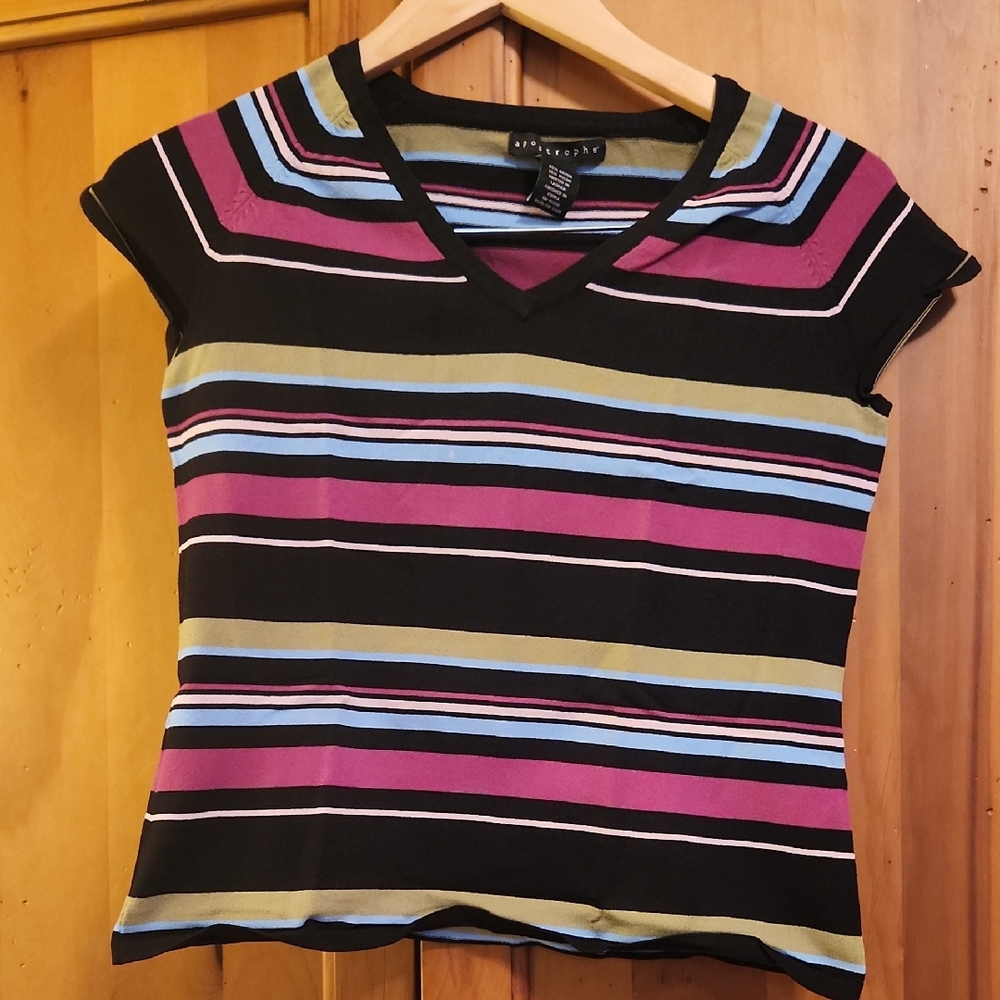 Apostrophe Black Multicolor Striped V-Neck Tee